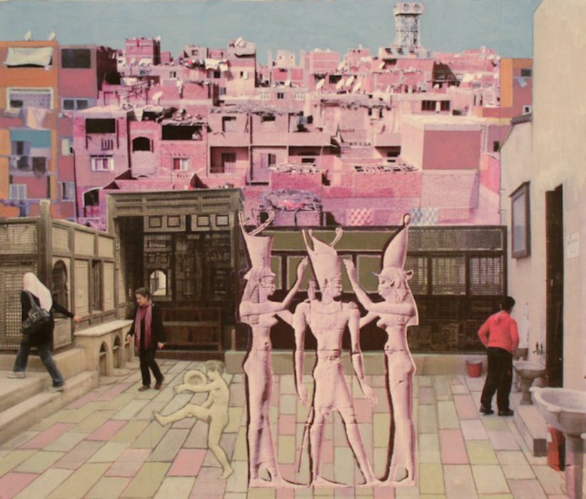 <em>Cairo, Roof Terrace,</em> 2010, 12x14 inches, mixed media with matte acrylic on panel