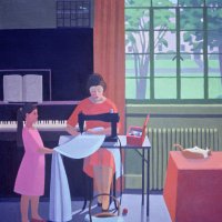 <em>The Sewing Lesson,</em> 1988, 30x30", oil on canvas