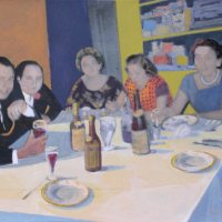 <em>Dinner at Home,</em> 2009, 10x11 inches, mixed media with matte acrylic on panel