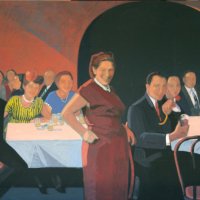 <em>Dinner at a Restaurant,</em> 2009, 12x15 inches, mixed media with matte acrylic on panel