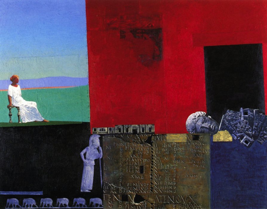 <em>Woman Among Ruins,</em> 1999, 32 x 40 inches, mixed media with oil on panel