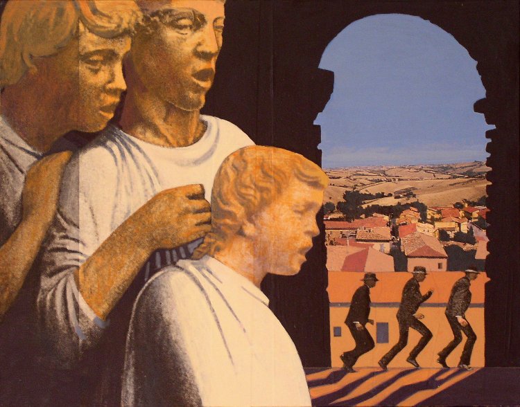 <em>Boys Singing, Men Running,</em> 2003, 11x14 inches, mixed media with matte acrylic on panel