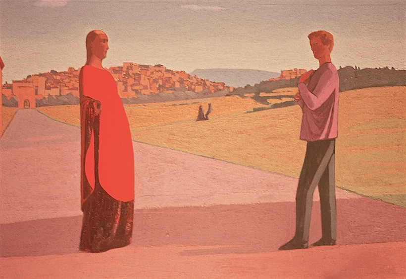 <em>Couple Near a Town,</em> 1999, 15.5x22.5 inches, mixed media with matte acrylic on panel