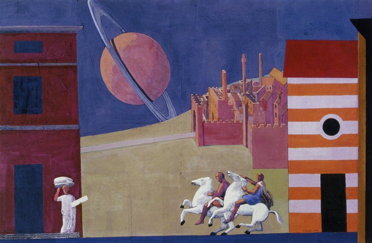 <em>Town with a Planet,</em> 1998, 15x22 1/2 inches, mixed media with casein on paper