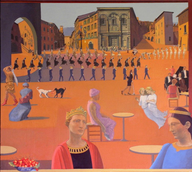 <em>Piazza, 36x40 inches, mixed media/oil on panel</em>