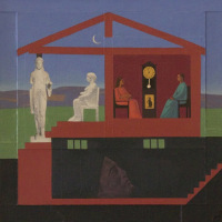 <em>Conversation,</em> 1992, 28x28 inches, mixed media with oil on panel