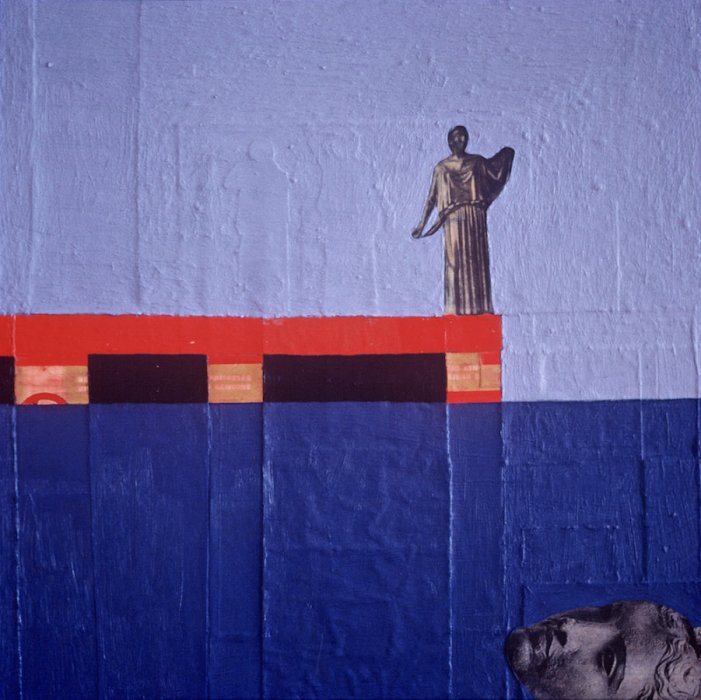 <em>Woman on a Pier,</em> 1983, 12x12 inches, mixed media with oil on cardboard
