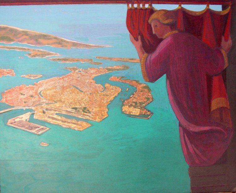 <em>Venice Revealed,</em> 1983, 12x12 inches, mixed media with oil on cardboard