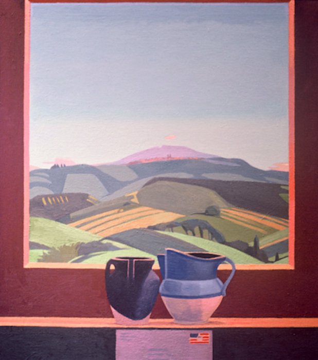 <em>Cetona Still Life, View of Cittá della Pieve,</em> 1982, 30x27 inches, oil on canvas